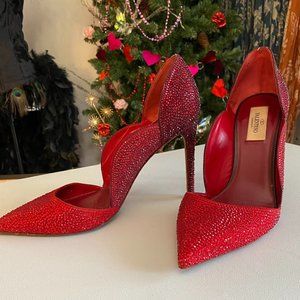 Valentino Garavani Swarovski Crystal Strass Red Rouge Scallop Heel Sz 39